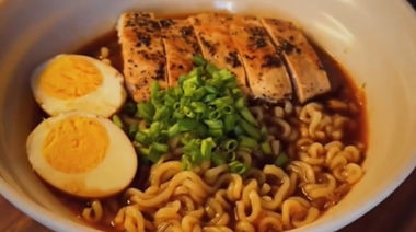 Naruto-inspired Ichiraku ramen with chicken, marinated eggs, and nori